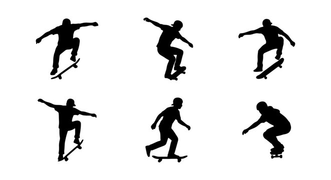 Dynamic Skateboarder Silhouettes, Action Sports Vector Collection, Extreme Skateboarding Poses