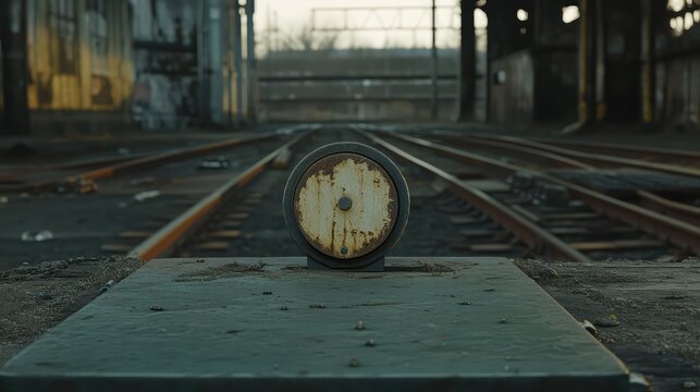 Rusty buffer stop on weathered railway tracks in a deserted industrial yard, evoking urban decay, derelict infrastructure and a forgotten, gritty transport past