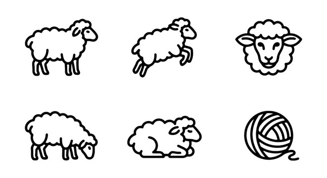 Sheep line icon set, wool yarn ball and lamb symbols, 6 farm animal vector elements