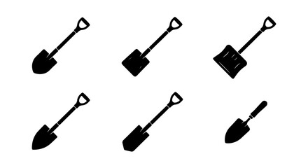 Black shovel icon set, 6 garden spade vector silhouettes, digging tool collection © RAJA