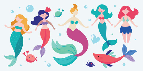 Collection of cute cartoon mermaids with fish and crabs in underwater scene © Sadhin07
