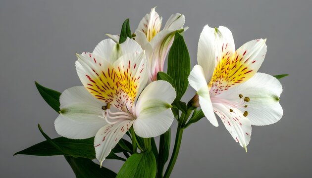 Cluster of white alstroemeria flowers with yellow and brown speckled centers