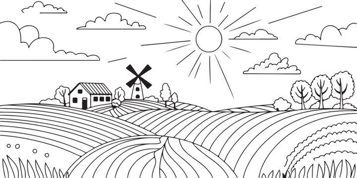 farm rural scene line drawing house windmill crop rows
