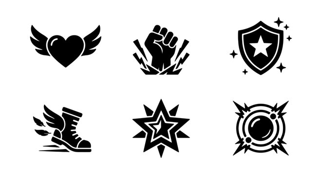 Fantasy game skill icons, black RPG ability vector set, 6 magic power combat symbols
