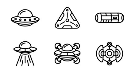UFO line icons set, alien spaceship vector symbols, 6 futuristic spacecraft elements © RAJA
