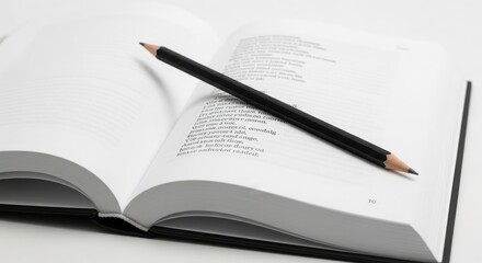 Naklejka premium Minimalist open book with black pencil, academic textbook for study and research, clean white pages with printed text for education and literature isolated on White Background