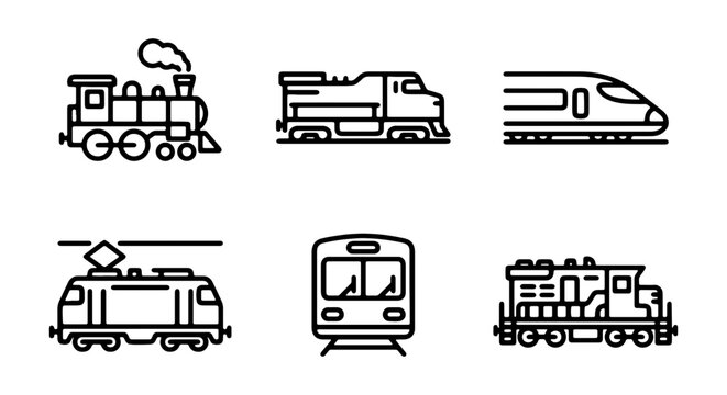 Train line icon set, locomotive and railway transport icons, 6 vector engine symbols