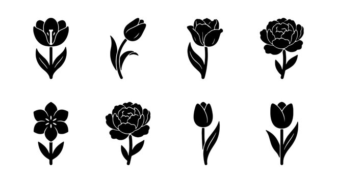 Minimalist flower icons, 8 black floral silhouettes, tulip and peony vector set