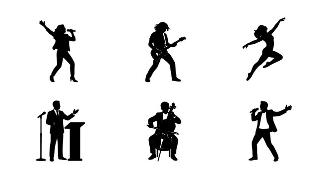 Performance silhouette set, musician and singer icons, stage artist vector collection