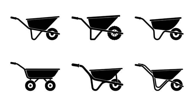 Wheelbarrow Icons Set: Garden Tool Silhouettes, Construction Equipment, Yard Work Vector Graphics