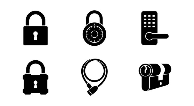 Security Icons: Padlock, Combination Lock, Digital Lock, Cable Lock, Cylinder Lock