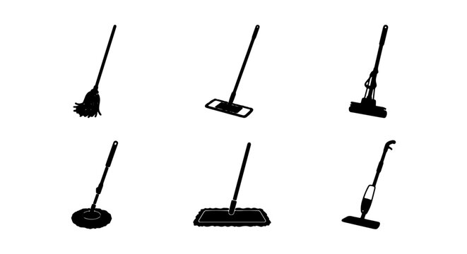 Cleaning Tools Vector Icons, Mop and Broom Set, Household Hygiene Equipment