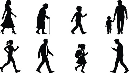 Fototapeta premium Set of Diverse People Walking Silhouette Icons Including a Senior Woman with a Cane Family with Child and Man Using a Smartphone for Lifestyle and Urban Design Projects