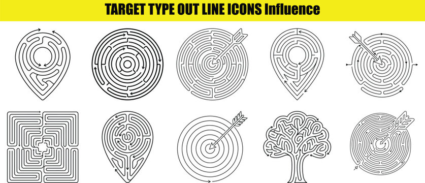 Collection of circular and square maze line art icons with arrow paths white background silhouette high quality professional detailed modern elegant