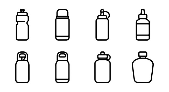 Water bottle vector icon set, hydration containers, drinkware, beverage flasks, black outline graphics