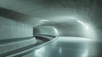 Fototapeta premium Concrete tunnel architecture with smooth curved walls and ceiling, featuring minimalist design elements and modern artificial lighting creating a futuristic aesthetic
