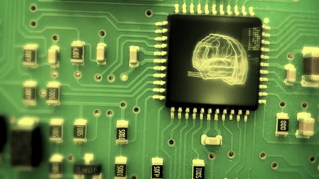 Close-up of microprocessor on green circuit board with electronic components