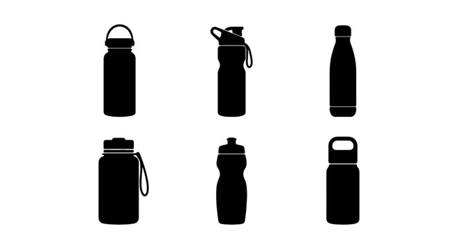 Reusable water bottle silhouettes, 6 sports flask icons, black drinkware vector set