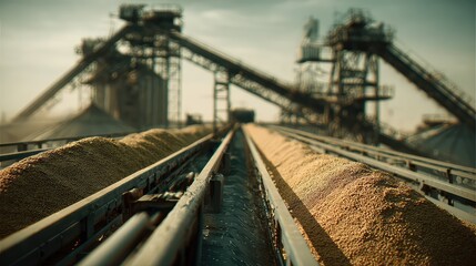 Fototapeta premium Agricultural produce moving along a conveyor belt system at a processing plant, illustrating the large scale industrial handling and storage of harvest commodities destined for global markets