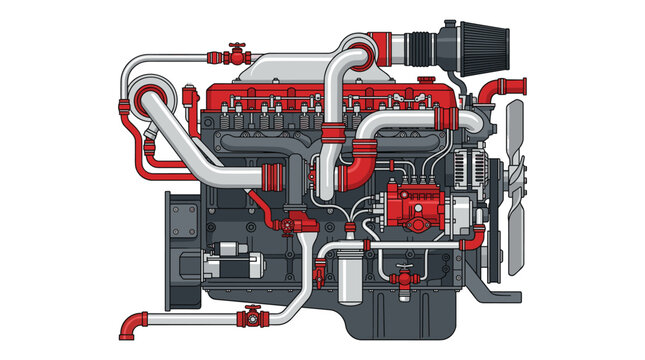 A detailed side-profile vector illustration of a powerful internal combustion engine showcases various metallic components and red piping against a clean white background.