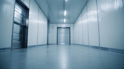 Fototapeta premium Processing plant interior corridor with insulated white walls, closed roller shutter and open door, sterile modern environment for cold storage, food logistics and distribution