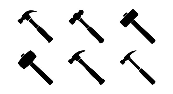 Black hammer icons, silhouette tools, construction symbols, vector graphics