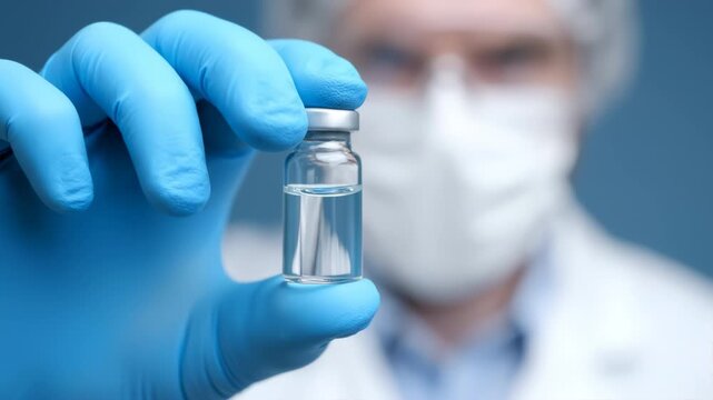 A vial of clear liquid is held by a gloved hand in lab