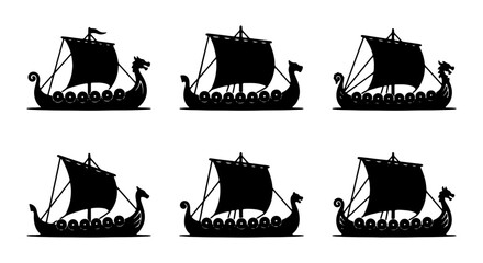 Viking Ship Silhouettes, Nordic Longboat Icons, Scandinavian Sailing Vessels, Historical Maritime Vector Set © RAFI