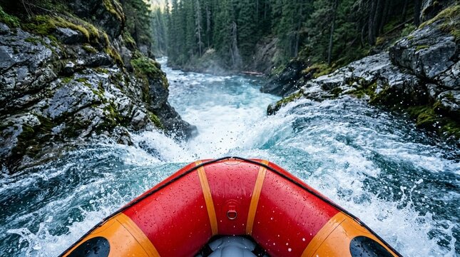White Water Raft Bow Tilting Over Drop Approaching Falls - Rafting Adventure Thrill Stock Photo