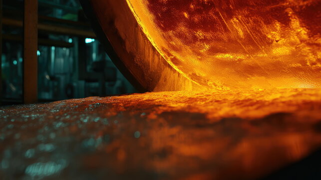 Molten metal flowing from a large hot roller into a casting bed, creating liquid streams, showcasing the high temperatures and intense processes in metallurgy