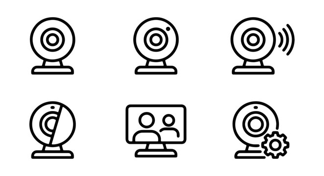 Webcam line icon set, modern black and white vector web camera symbols, video conference and online communication interface elements, digital streaming technology graphics for UI/UX design.