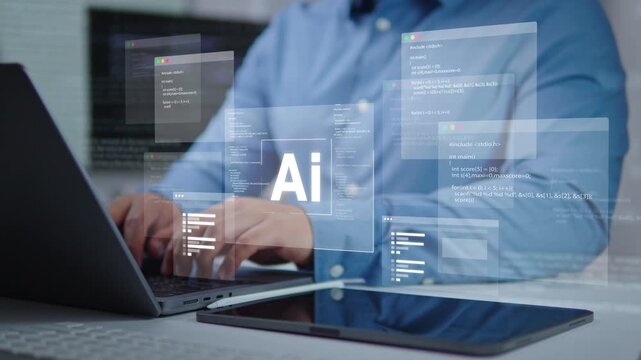 Businessman Using Artificial Intelligence (AI) for Work Efficiency and Data Analysis, Future Digital Brain Technology Concept
