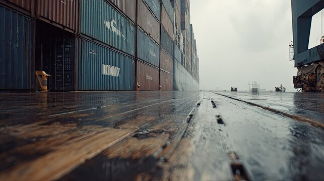 Industrial cargo ship deck reflecting the sky, transporting numerous stacked shipping containers on a large vessel, illustrating global freight and maritime business logistics