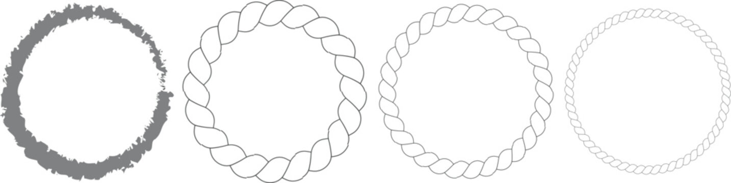 Round rope curve symbol set. Different thickness circular ropes set for decoration.