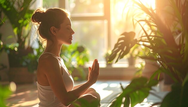 Mujer meditando en un interior luminoso con plantas y luz c&aacute;lida en ambiente de bienestar