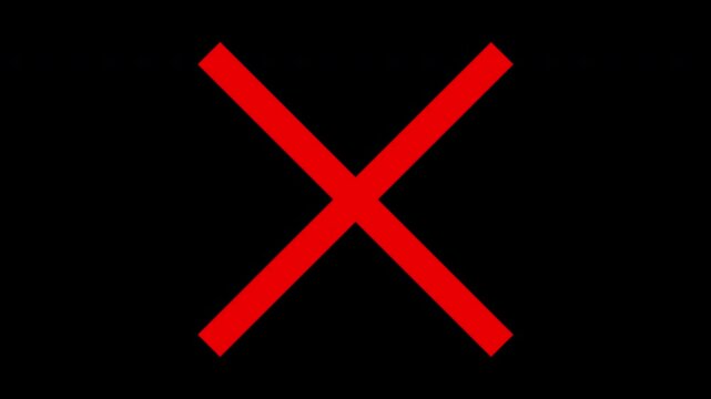 Red x mark animation on black background, for error notification, and rejection concept