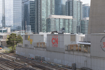 Naklejka premium CN Tower signs facing Union Station Rail Corridor, Toronto