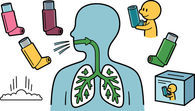 Asthma health illustration showing human lungs, inhalers, allergens, and respiratory care awareness design variations