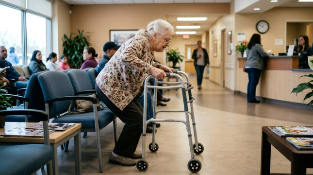 Elderly woman with gray hair using walker to stand up in hospital waiting room. Senior patient moving in medical clinic. Healthcare assistance and mobility support for aging people.