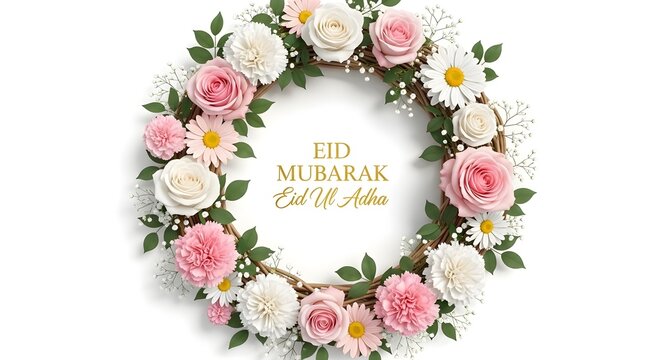 Eid Mubarak greeting card with floral wreath and golden text