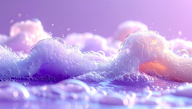 Dreamy scene of bubbly foam cascading over a smooth, purple surface