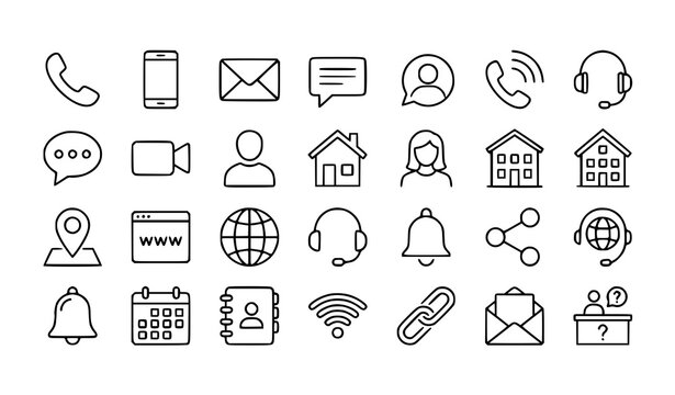 Contact and communication line icon set with modern outline symbols for connect and contact us vector pack
