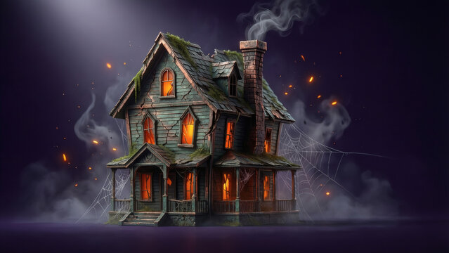 Maison hant&eacute;e avec des fen&ecirc;tres lumineuses, de la fum&eacute;e et des toiles d'araign&eacute;e la nuit