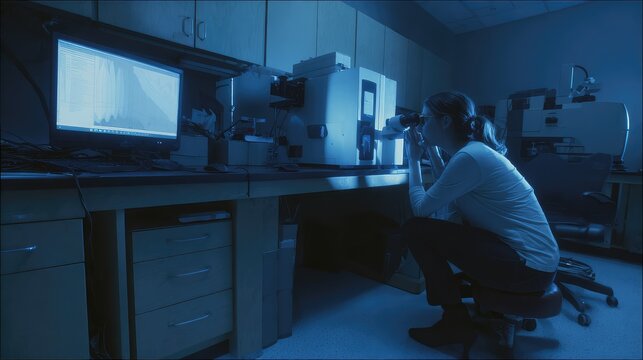 Scientist intensely observing a sample through a sophisticated microscope. Performing detailed analysis in a dimly lit laboratory under blue lighting with research data displayed on a computer screen