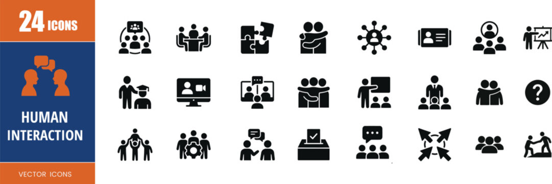 24 Human interaction icons set. representing human interaction, communication, teamwork and collaboration concepts for ui ux design. Editable fill color icons. Vector illustration.