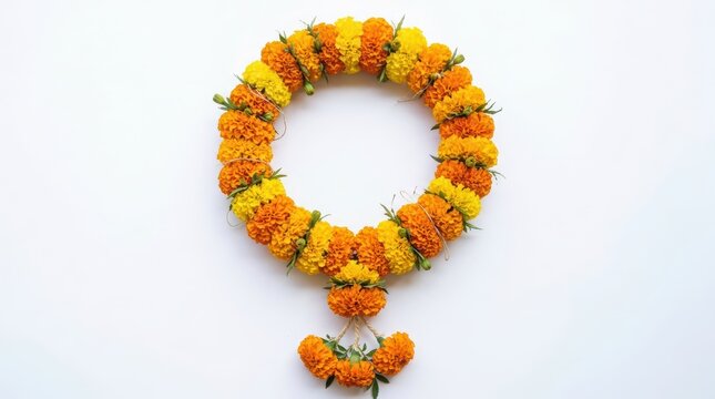 Traditional marigold flower garland, orange and yellow floral wreath for Hindu festivals, ceremonial Indian flower lei on white background