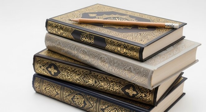 Vintage Quran books with gold ornate covers, stack of holy Islamic scriptures and pencil, religious study and education concept isolated on White Background