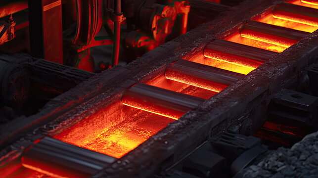 Hot glowing steel billets traveling on a roller conveyor through a modern steel plant, intense heat and sparks highlighting the metallurgical production process in an industrial facility