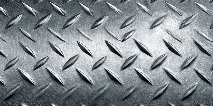 A seamless industrial diamond plate texture featuring a rough metallic silver surface and grunge steel pattern for old construction material floor sheets