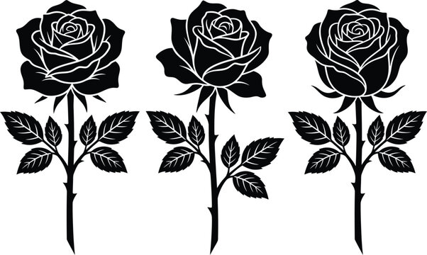 Three black silhouette roses with stems and leaves isolated on white